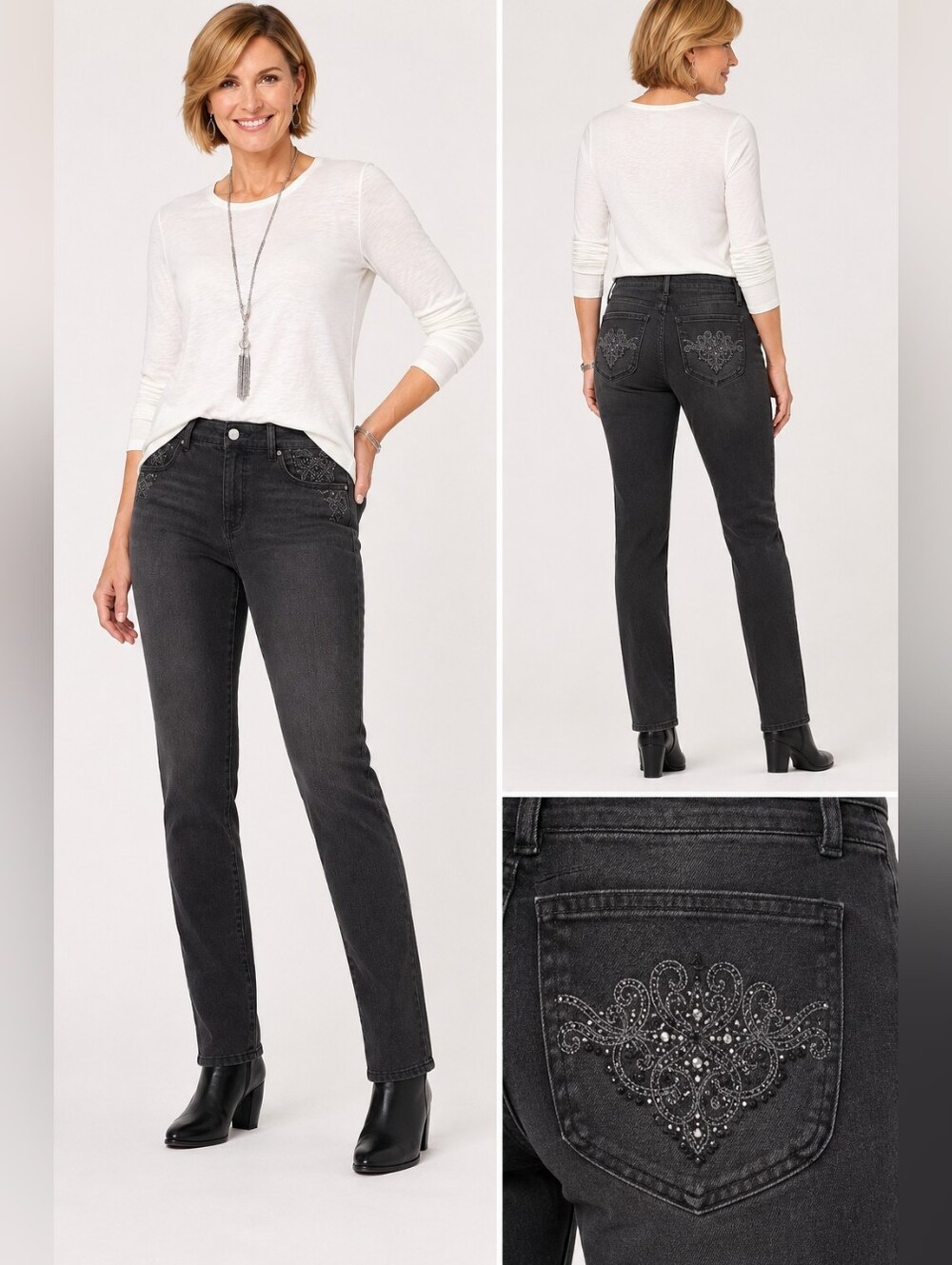 Chico's Platinum Denim Black Wash Slim Leg Jeans Embellished Pockets Size 1 (8)
